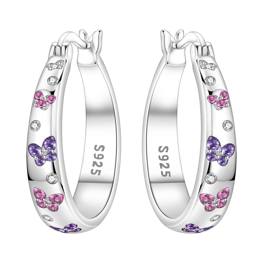 S925 Silver Pink Purple Butterfly Insect Earrings Hoop Earrings Women Jewelry Trendy Anniversary Gifts