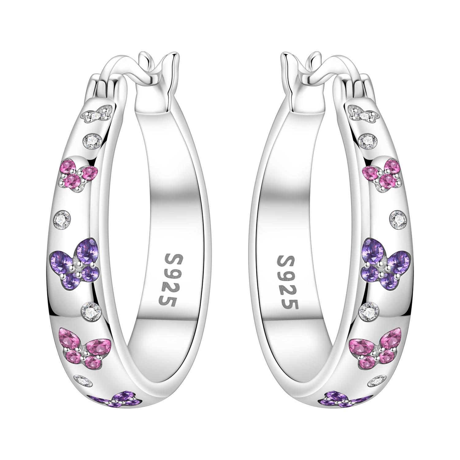 

S925 Silver Pink Purple Butterfly Insect Earrings Hoop Earrings Women Jewelry Trendy Anniversary Gifts