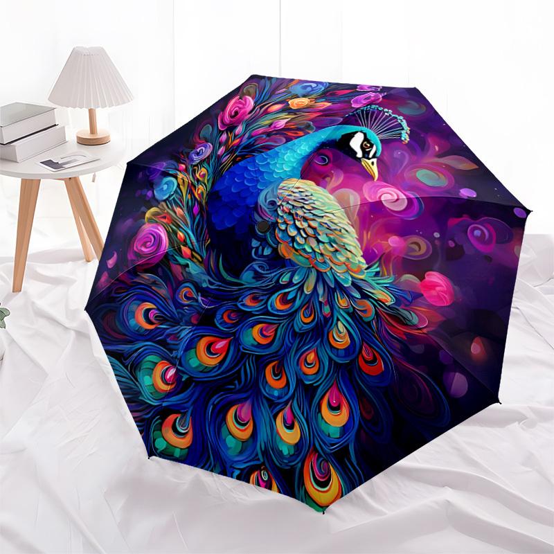 1 peça Guarda-chuva Automático Abre/Fecha com Flores de Pavão, Guarda-chuva Compacto Dobrável, Guarda-chuva Portátil para Todas as Estações para Mulheres/Homens F1124072