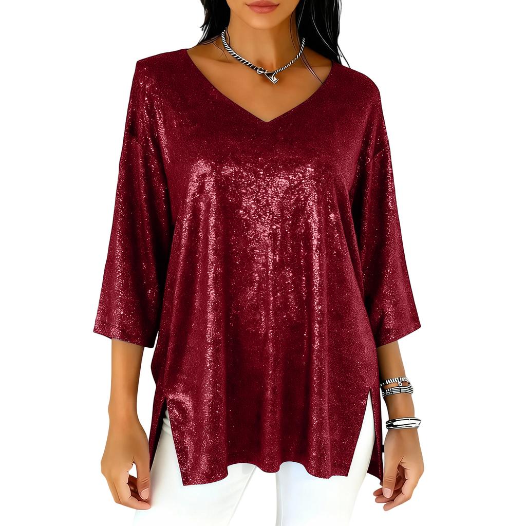 Damenmode Lockerer Sitz V-Ausschnitt Dreiviertelärmel Schlitzsaum Farbiger Top