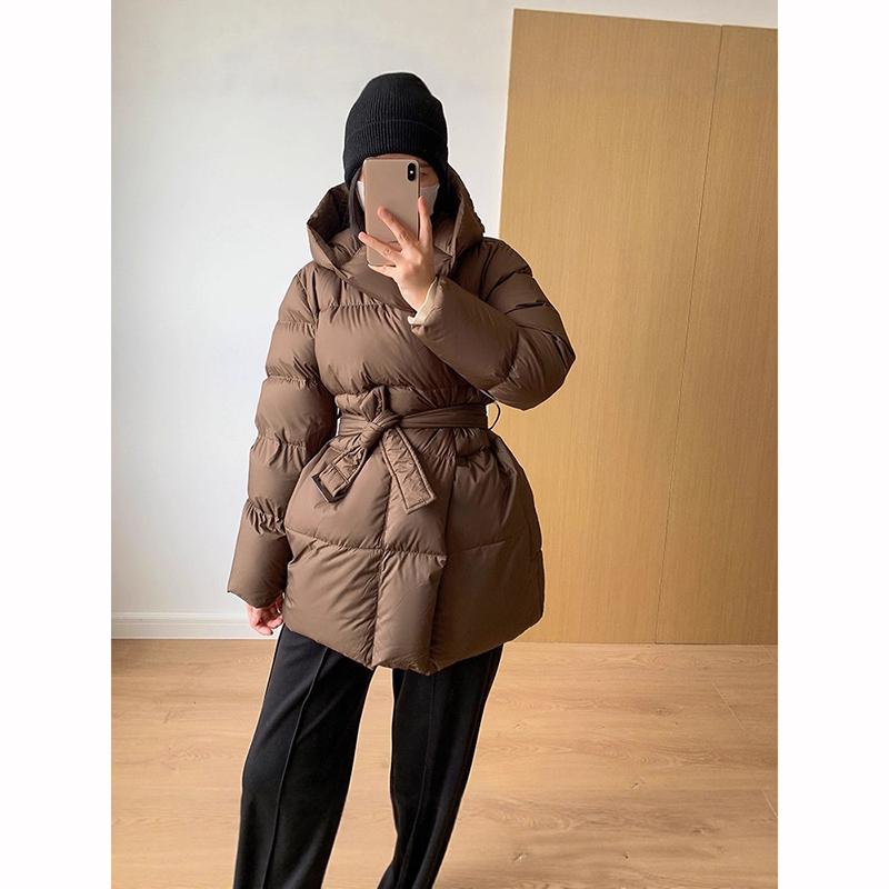 Winter Hooded Women's Down Jackets Warm Casual Lace Up Coat Puffer Jacket Belt Elegant Parka Overcoat