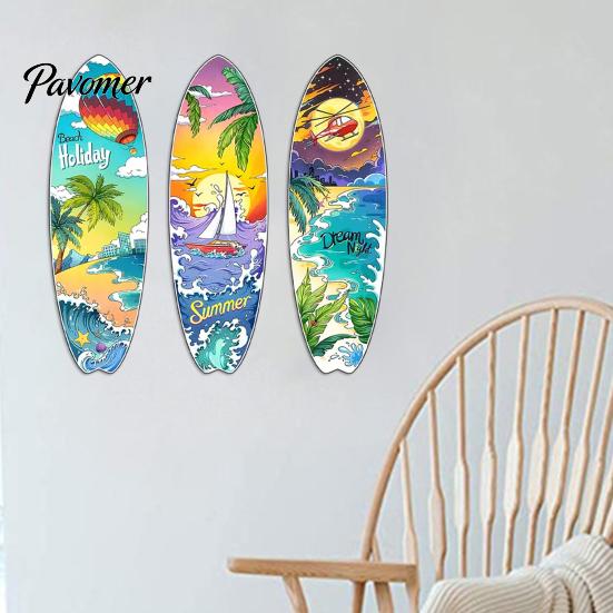 Summer Island Room Decoration 3Pcs Wooden Beach Surfboard Wall Decor, Tropical Ocean Theme Hanging Sign, Seaside Bedroom Ornament for Living Office TV