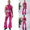 Heren Retro 70s Disco Outfit Metaalachtig Glanzend Mouwloos Jumpsuit met Reverskraag en Wijde Pijpen voor Podiumoptreden