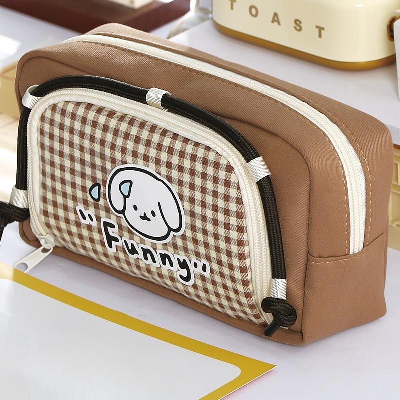 1pcs Lovely Dog Pencil Bag Pen Case, Cute Cartoon Retro Plaid Pattern Large Capacity Storage Pouch for Stationery Student