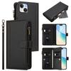 For iPhone 15 Plus Leather Case 9 Card Slots Zipper Wallet Stand Phone Cover with Wrist Strap