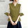 Women V-Neck Casual Print Splice Half Sleeve Blouse