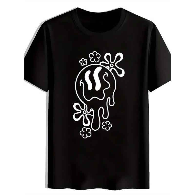 

European Size [ Graphic Tee] Stylish Black T-Shirt with Whimsical White Graphic Design - Irregular Round Element and Dripping Lines, Surrounded S чёрный