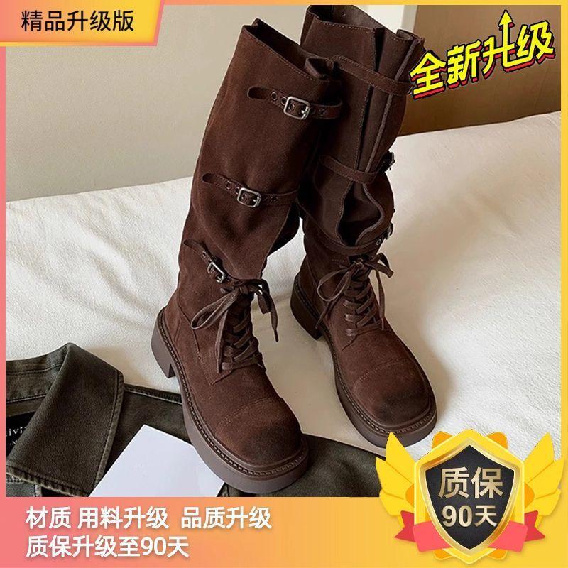 

Матовые ретро ботинки женские 2025 осень новые пряжка ремня рыцарские ботинки но колено два способа носить ботинки ботинки тренд 40