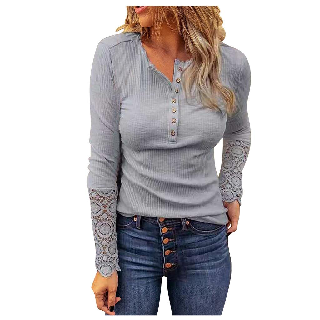 Ladies Casual Solid Color  Strip Solid Color Slim Fit Round Neck Stitching Lace Sleeve T-Shirt