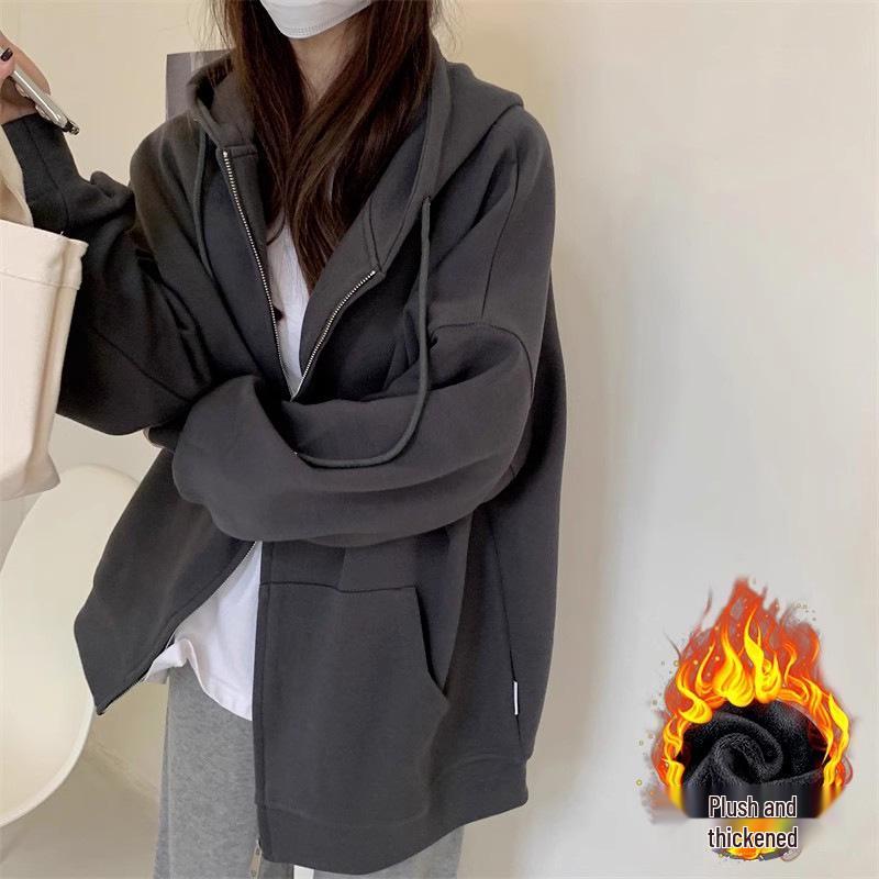 Women's Grey Hooded Fleece Sweatshirt - Slimming Thick Zip-Up Cardigan for Autumn/Winter 2025