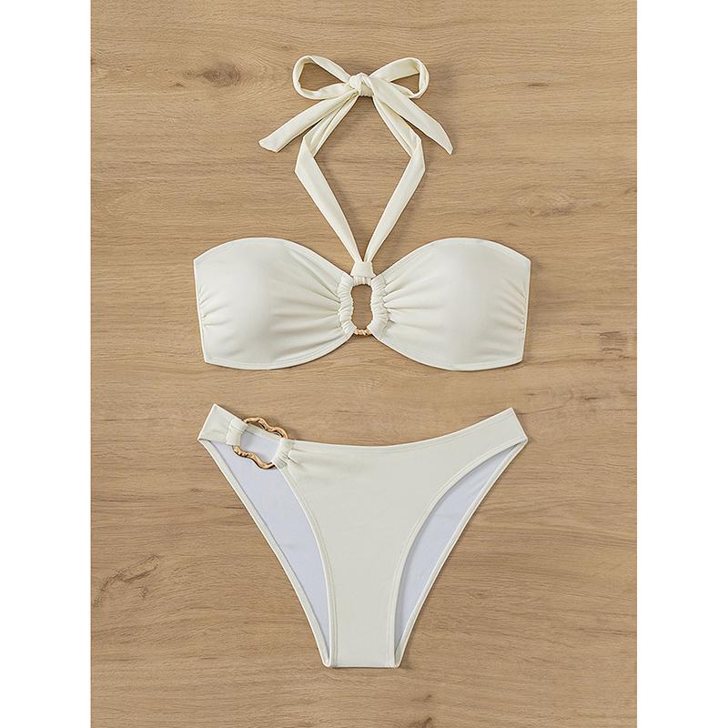 

Сексуальный купальник пуш-ап для женщин бикини белый с металлическим кольцом соединенный вырезной с высокой талией купальный костюм для пляжа S белый