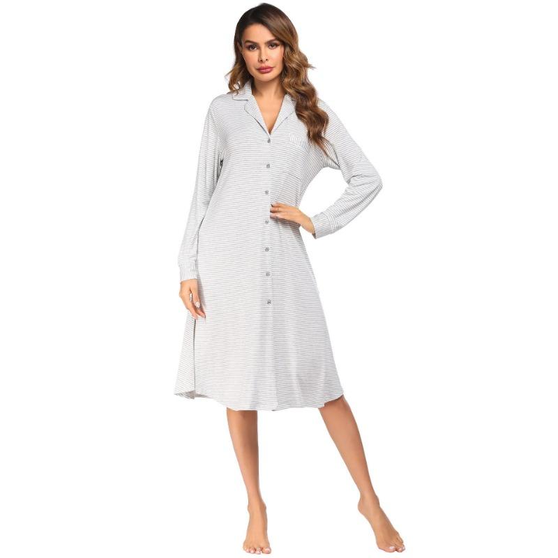 YYFS Women's Fashion Spring Fall Stripe Print Long Sleeve POLO Neck Loose Waistline Casual Dresses
