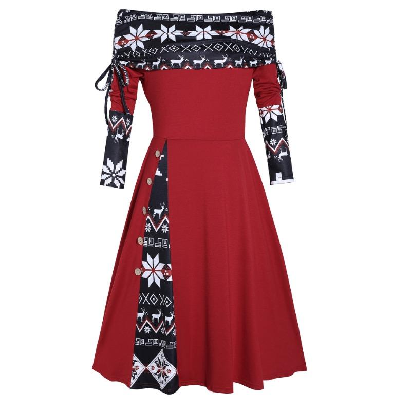 

Платье в индийском стиле, вырез горловины на одно плечо, рукав средней длины, принт, лоскутная вставка и тонкая А-образная юбка с разрезом XXL красный