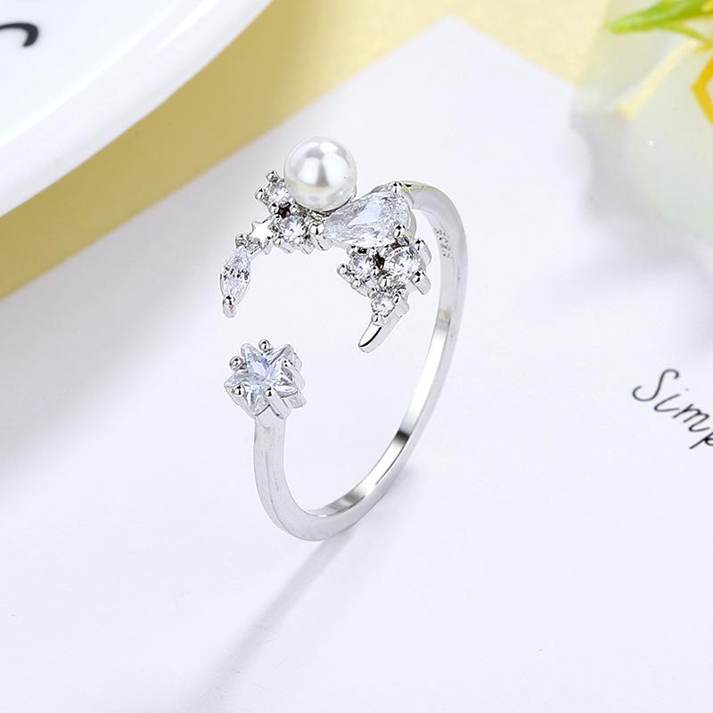 Super Shiny Zircon Pearl Adjustable Ring - Korean Style, Light Luxury, Irregular Star Moon Design