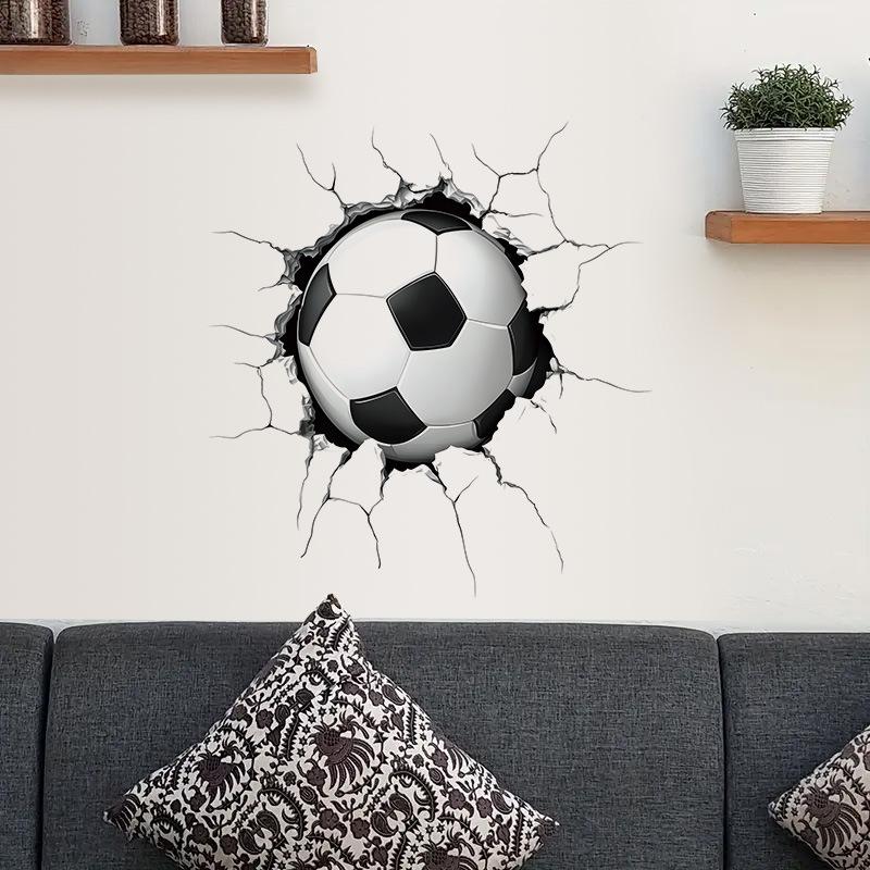 3D Breaking Through Wall Crack Soccer Football PVC Wall Sticker Self-Adhesive Removable for Kids Room Living Room Bedroom Sports Home Decor Art