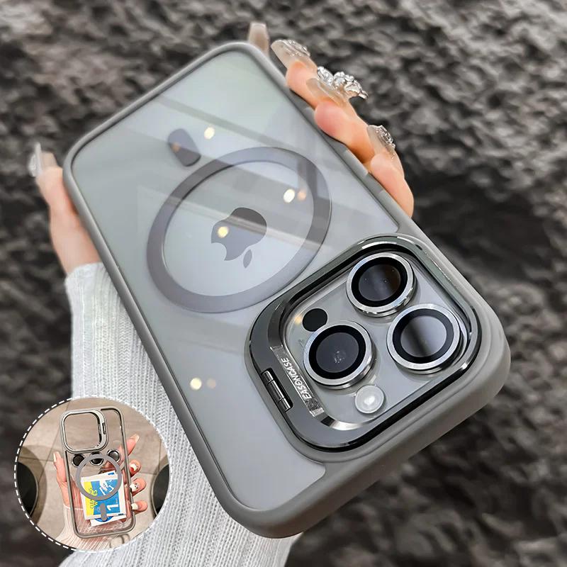 Magnetic Metal Lens Protector Stand Holder Case For iPhone 15 12 13 14 11 Pro Max Plus For Magsafe with Glass Lens Clear Cover
