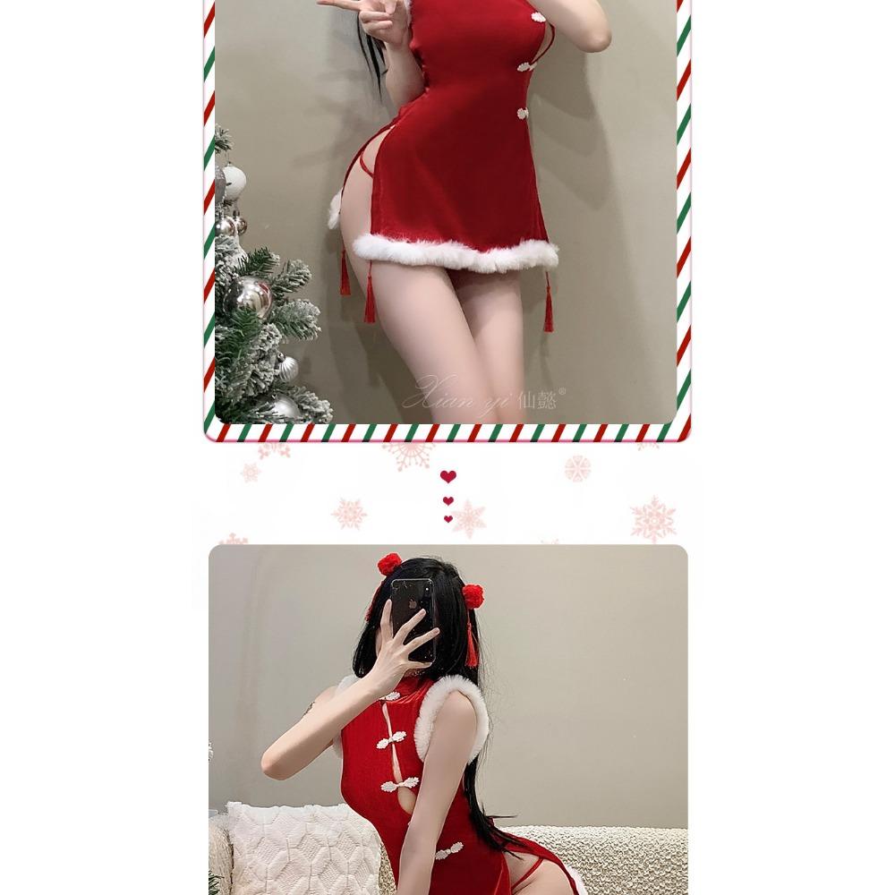 Xianyi Erotic Underwear Pure Desire Christmas Uniform Sexy Passion Free Breast Cheongsam New Year's Robe Set S5