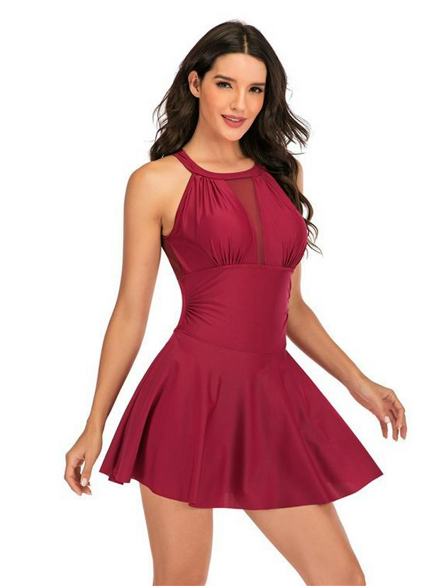 European-American Mesh Splice Backless One-Piece Skirted Bikini
