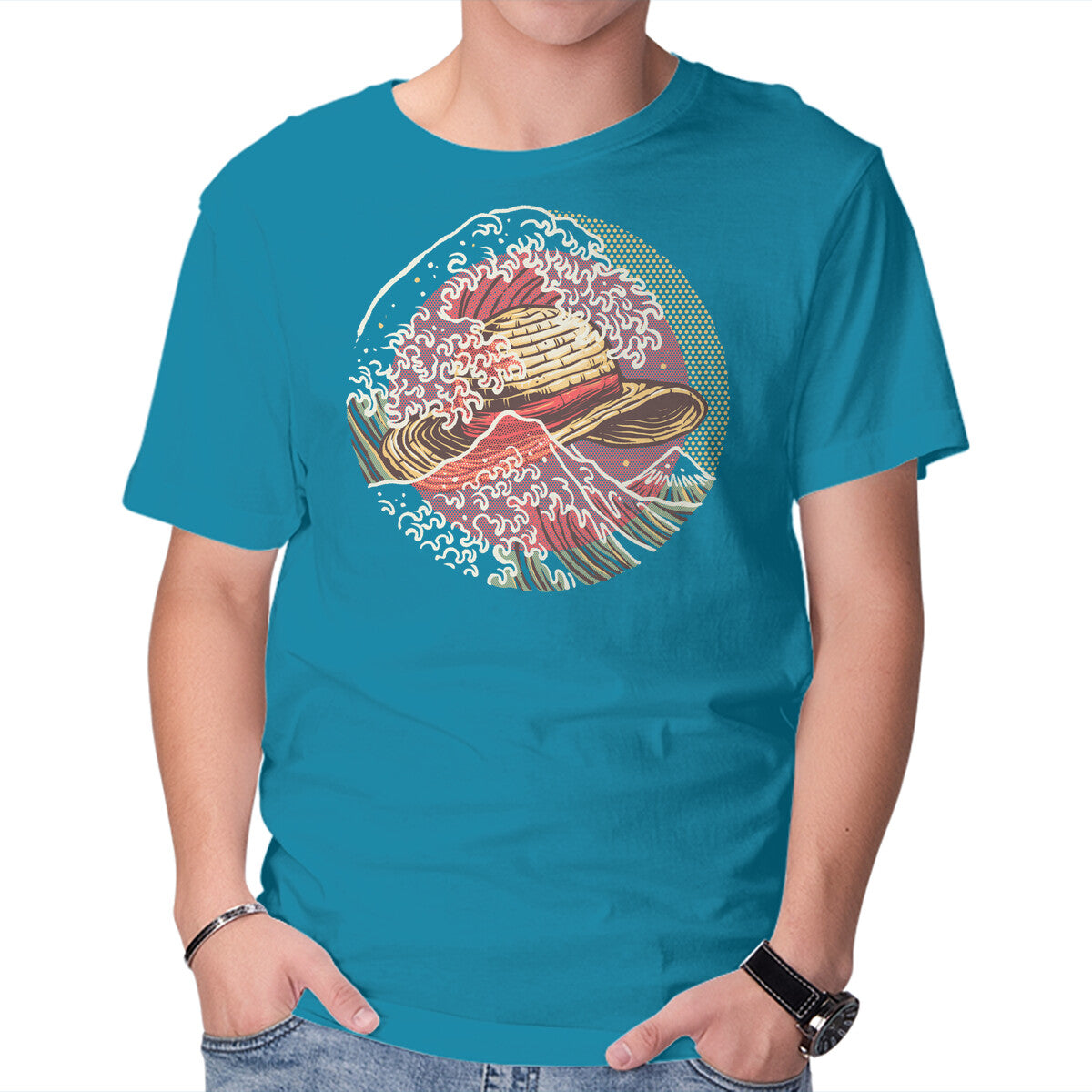 Unisex Crew Neck T-Shirt Straw Hat Wave Graphic Short Sleeve Casual Tee M