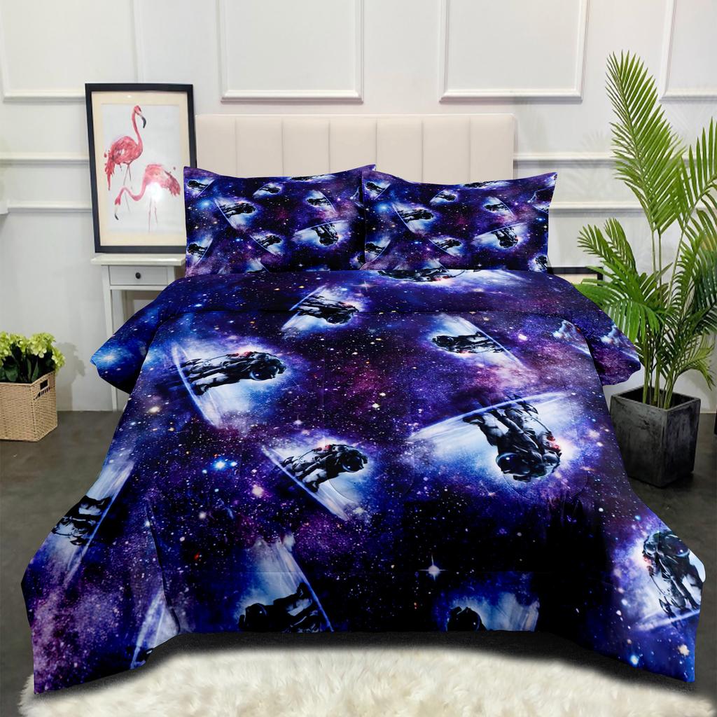 Space Galaxy Astronaut Comfortable Brushed Printing Fat Quilt Feather Silk Cotton Thickened Filled Quilt Cover Three-piece Set