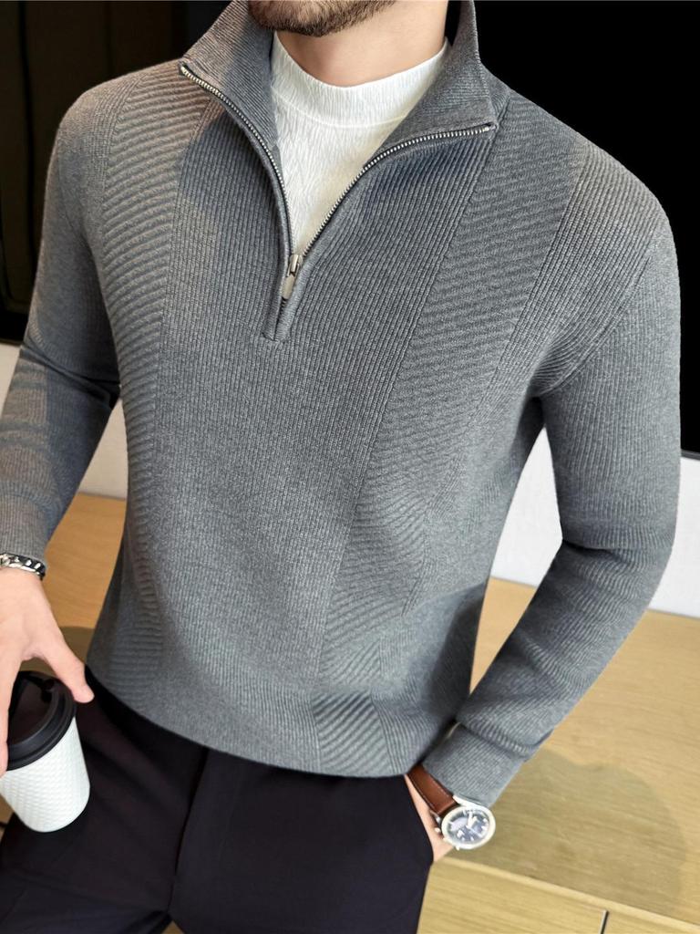 Men's Striped Knitwear Long Sleeve Half-Zip Sweater - White Warm Autumn/Winter Collection
