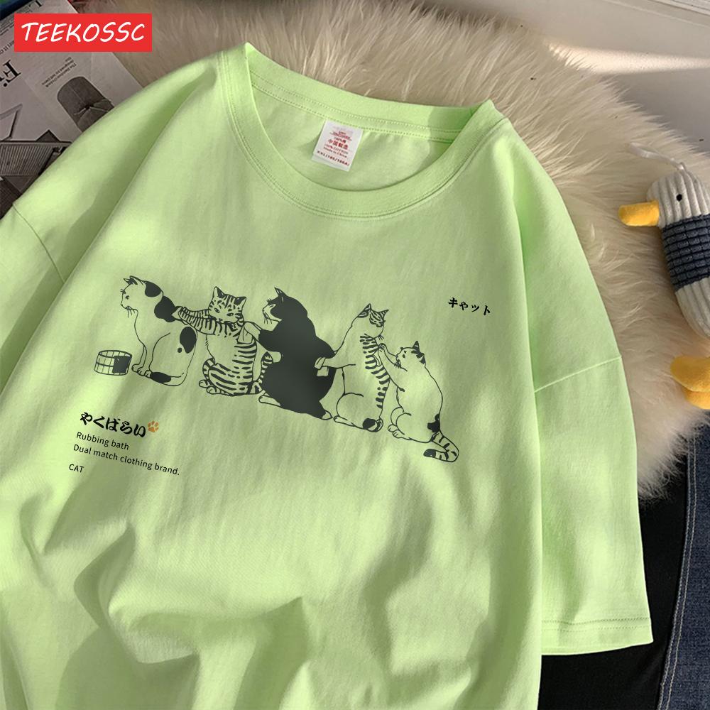 Summer Cotton WomenS TShirts Japanese Vintage Cats Printing Short Sleeve ONeck Breathable Loose Tops Casual Female Clothes