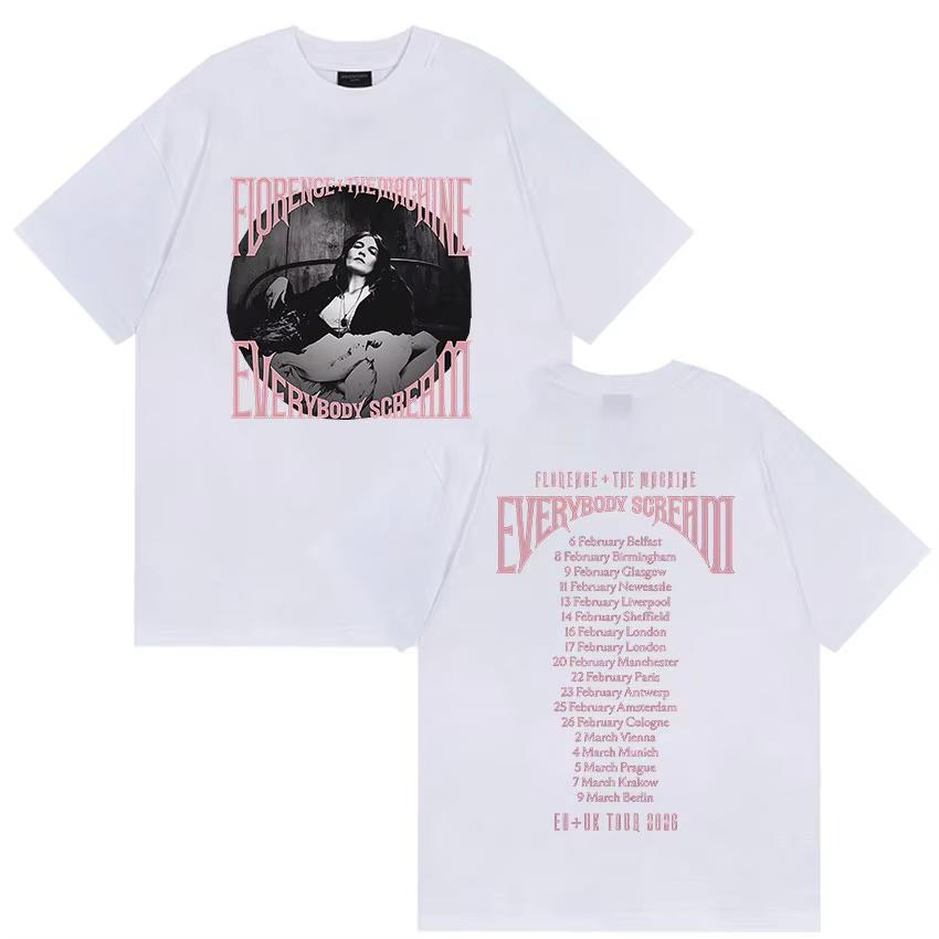 Rock Florence The Machine Everybody Scream Tour 2026 Graphic T Shirt Unisex Women Vintage Pure Cotton Short Sleeve Top Streetwear