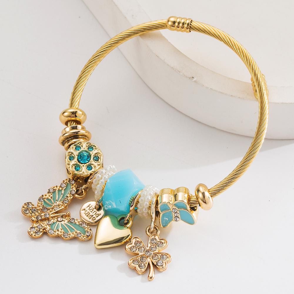 

Универсальный регулируемый браслет с бриллиантами в виде бабочки, сердца и клевера для женщин синий