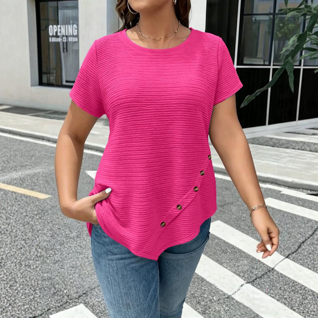 Women's Loose Fit Short Sleeve Casual T Shirt Asymmetric Hem Button Detail Lightweight Soft Fabric Comfortable Everyday Wear