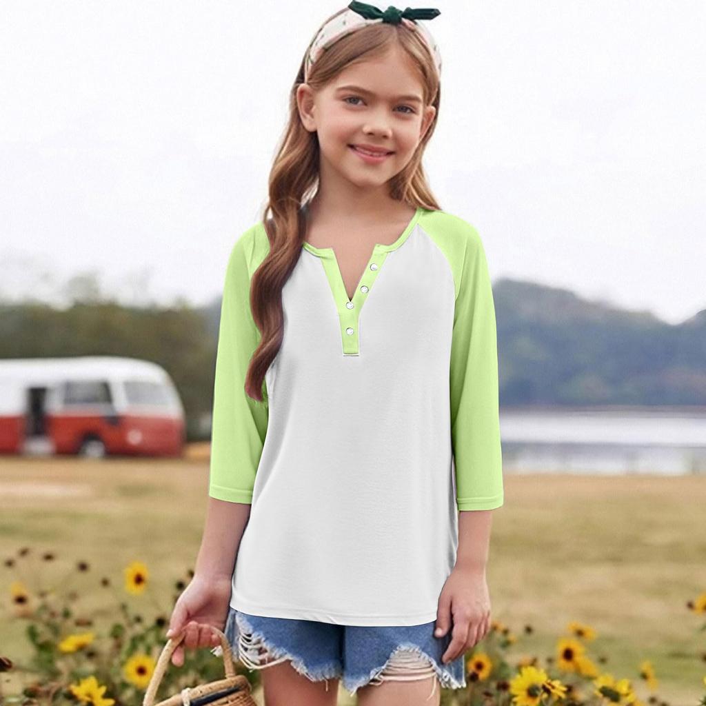 Print Tops For Youth Girls Round Neck 3/4 Sleeves T-Shirts Trendy Tops Outfit Tees