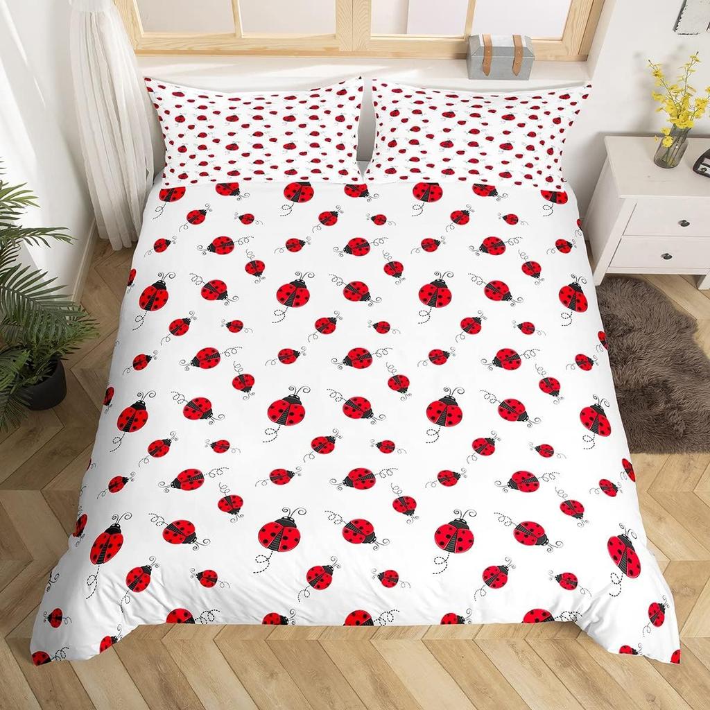 Cute Ladybug Duvet Cover Twin Queen Cartoon Animal Ladybird Insect Bedding Set Kawaii Wildlife Love Heart Print Comforter Cover