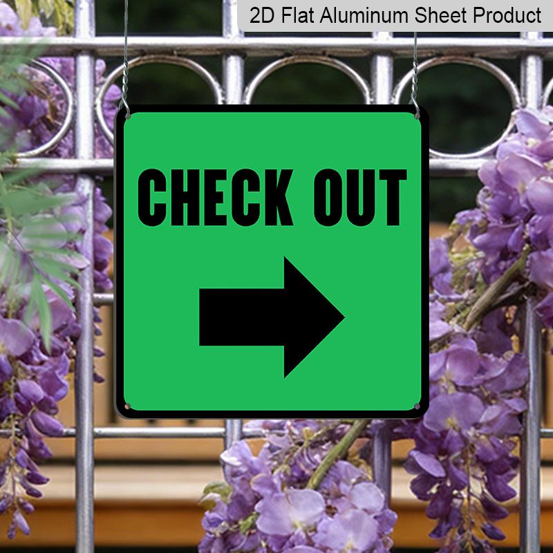 2D Flat 1pc Square Metal Hanging Aluminum Plaque, Green CHECK OUT Right Arrow Directional Sign, Direction Indicator Decor for Grocery Store