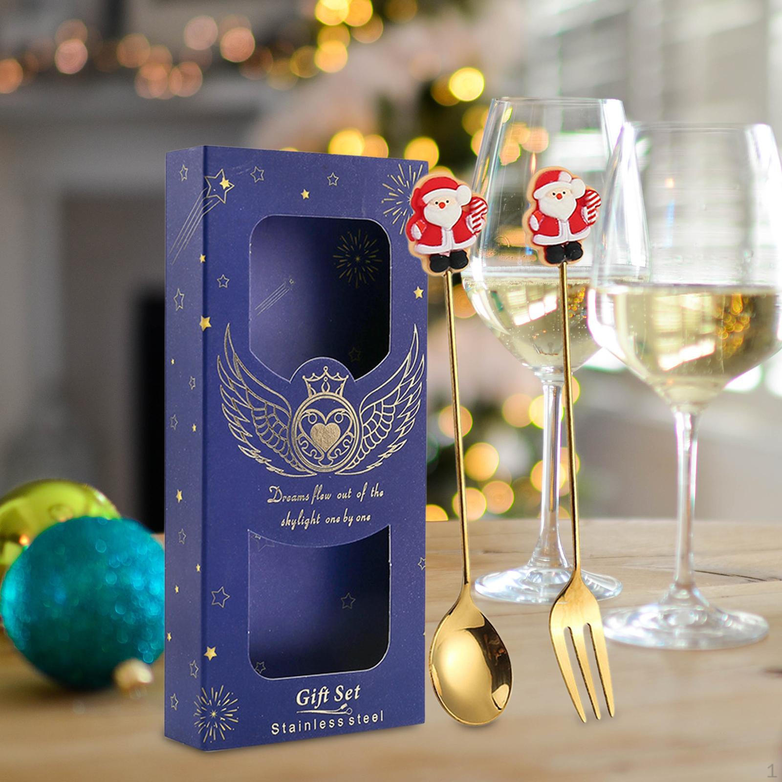 Christmas Spoons Forks Set, Stainless Steel Dessert , Multipurpose Tableware Cutlery elder blue