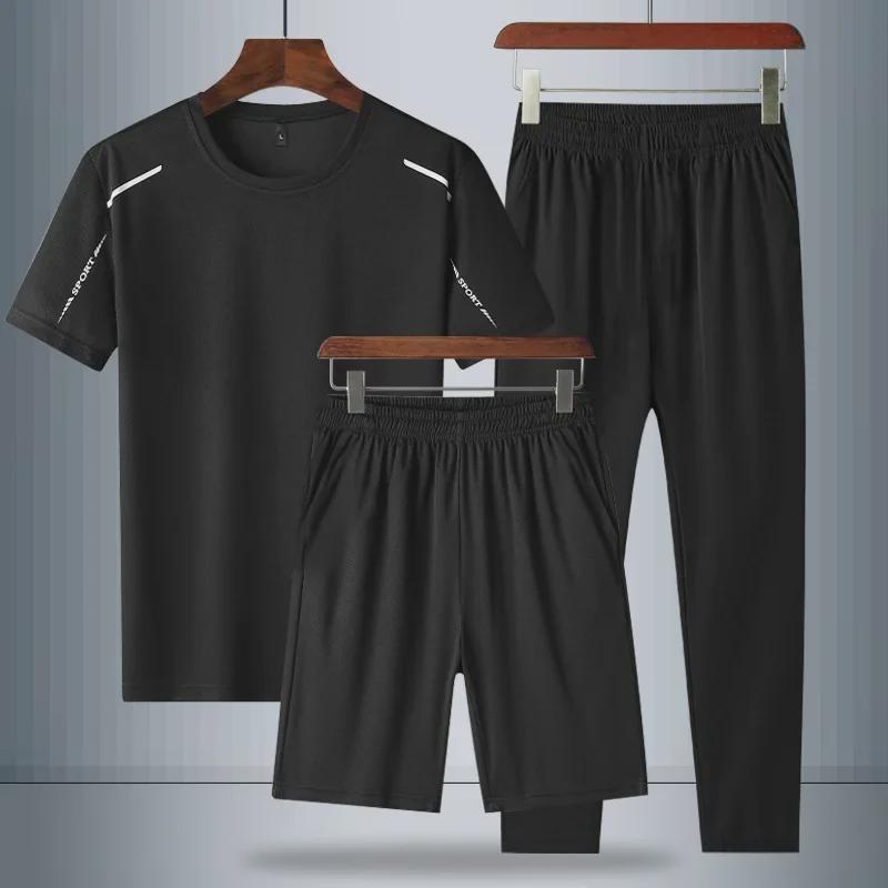 Men's Quick-Dry Ice Silk Round Neck Running Suit: 3-Piece Summer 2024 Bestseller