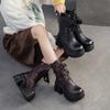 Fashionable High Heel Mid-calf Boots Genuine Leather Lace Up Side Zipper Thick Soled Women's Shoes