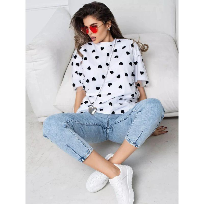 European and American Fashion Love Heart Mesh Patchwork T-shirt Loose round Neck Top Printed Loose T-shirt