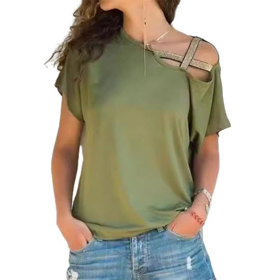 Women T-shirt Skew Collar Asymmetrical Tee Shirt Pure Off-Shoulder Design Color Loose Fit Summer Casual Pullover