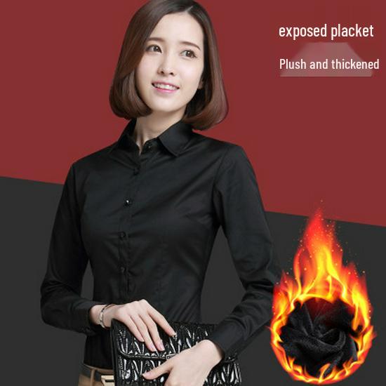 Women's Fleece-Lined Long-Sleeve Shirt: New Autumn/Winter Style, Thick & Warm Base Layer, Professional Formal Wear