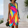 Women Plus Size Sleeveless V Neck Tank Dress Colorful Abstract Stripe Print Casual Dress