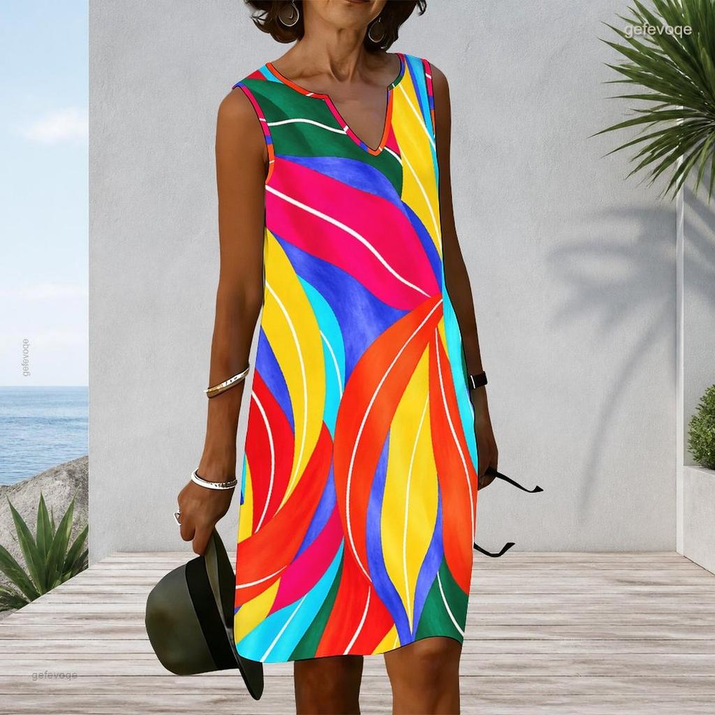Women Plus Size Sleeveless V Neck Tank Dress Colorful Abstract Stripe Print Casual Dress
