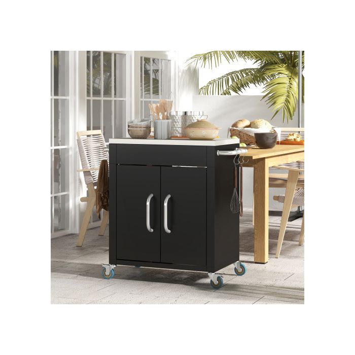 HOMCOM Chariot de cuisine sur roulettes Chariot avec placard et crochets Poignée en acier inoxydable Noir 86x50x86,5 cm