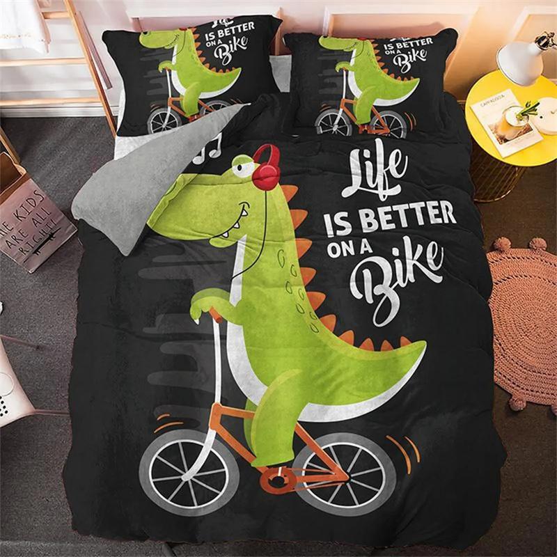 Cartoon Dinosaur Duvet Cover Dinosaur Theme Bedding Green Dinosaur Hello Bro Pattern Bedroom Decoration for Children Women Men