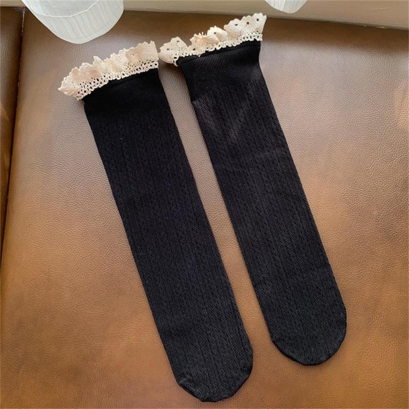 Women Winter Fall Vertical Striped Ribbed Knit Long Socks Japanese JK Sweet Frilly Ruffle Lace Trim Knee High Stockings