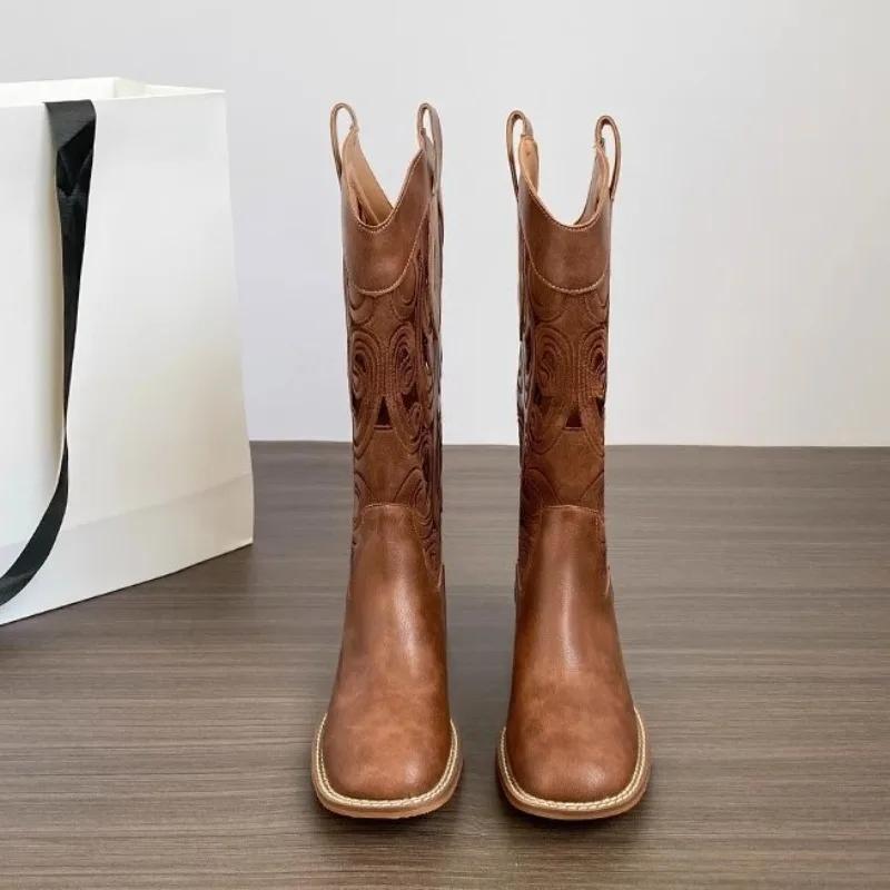 Fashion Hollow Embroidered Vintage Western Boots Women  Autumn Chunky Heels Knee High Cowboy Boots Woman Pu Leather Knight Booties