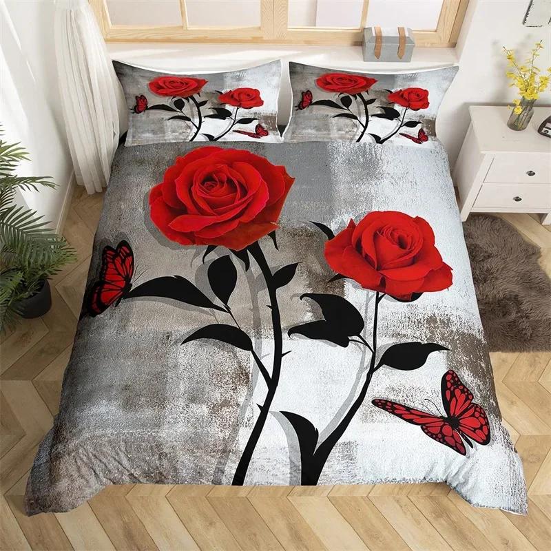 Rose Flower Duvet Cover Single King Oil Painting Butterfly Floral Bedding Set Microfiber Vintage Watercolor Artwork Quilt Cover