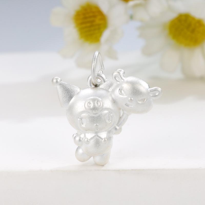 Sterling Silver 999 Kuromi Balloon Pendant with Hand-woven Rope Charm Beads Accessories