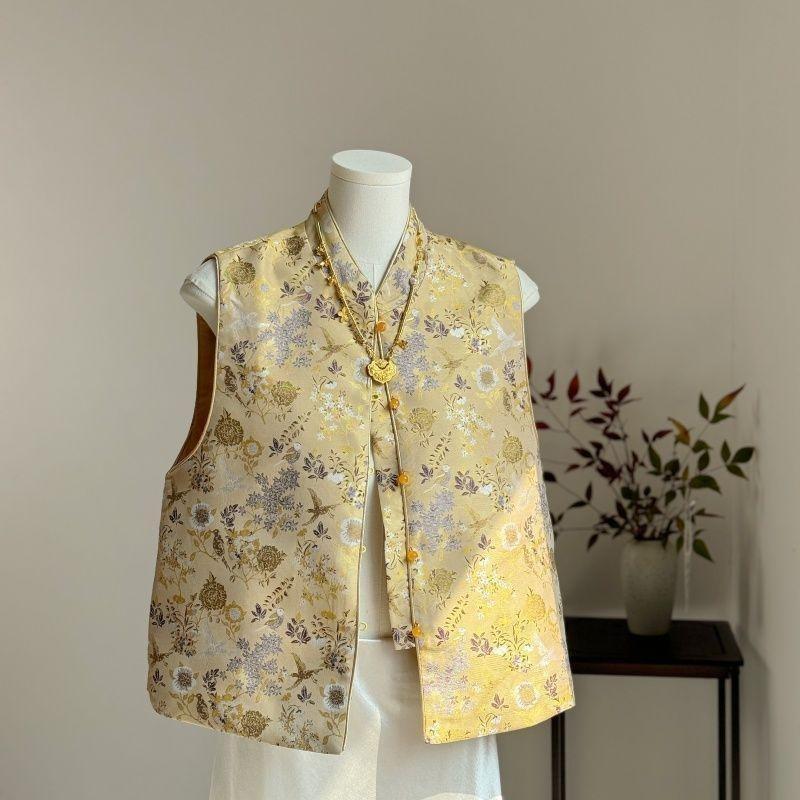 

Винтажный жилет жаккардовый без рукавов со стойкой воротником верхняя одежда жилет женский топ 2025 3XL (recommended 138-75kg) жёлтый