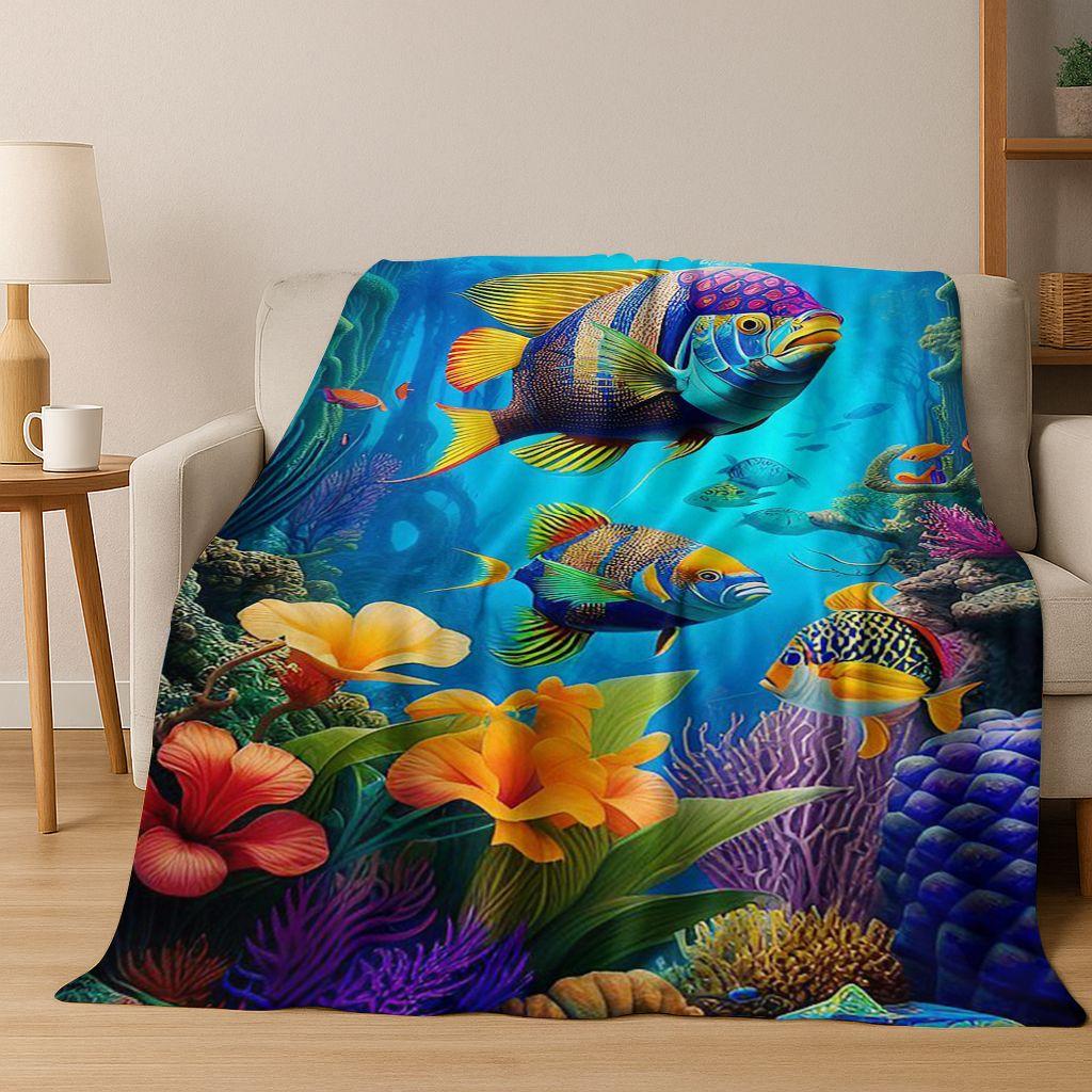 2026 New Underwater World Sea Dolphin Turtle Coral Art Flannel Blanket,Cozy Soft Throw Blanket for Home Bedroom Bed Sofa Kids