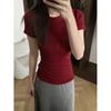 Spring and Summer American Front Shoulder Small Crew Neck Short Sleeve Slim Fit Stacked Wear Mid Waist Skin-friendly Versatile Tights T-Shirt Women