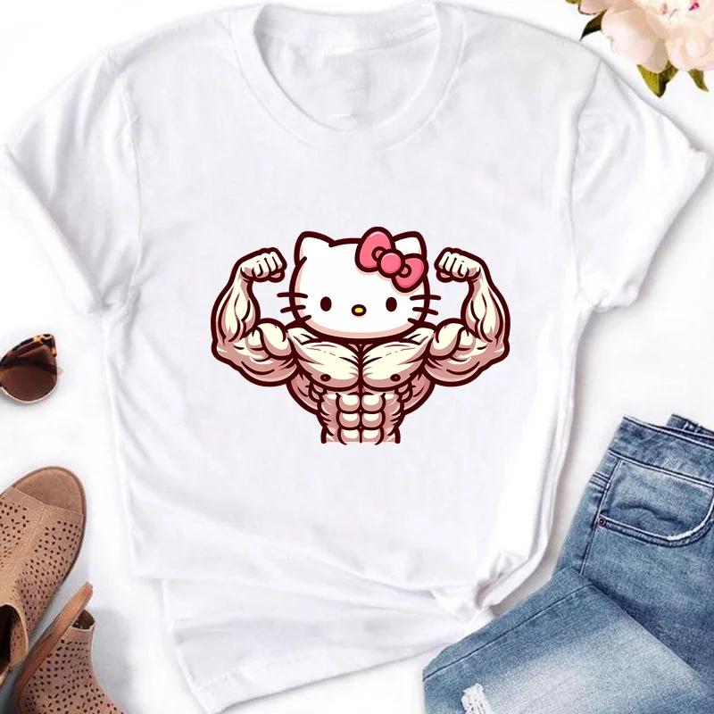 Muscle Sanrioes Womens TShirt Anime HelloKitties Cinnamon Kuromis Fun Model Cartoon Clothing Casual Cotton Couples TShirt